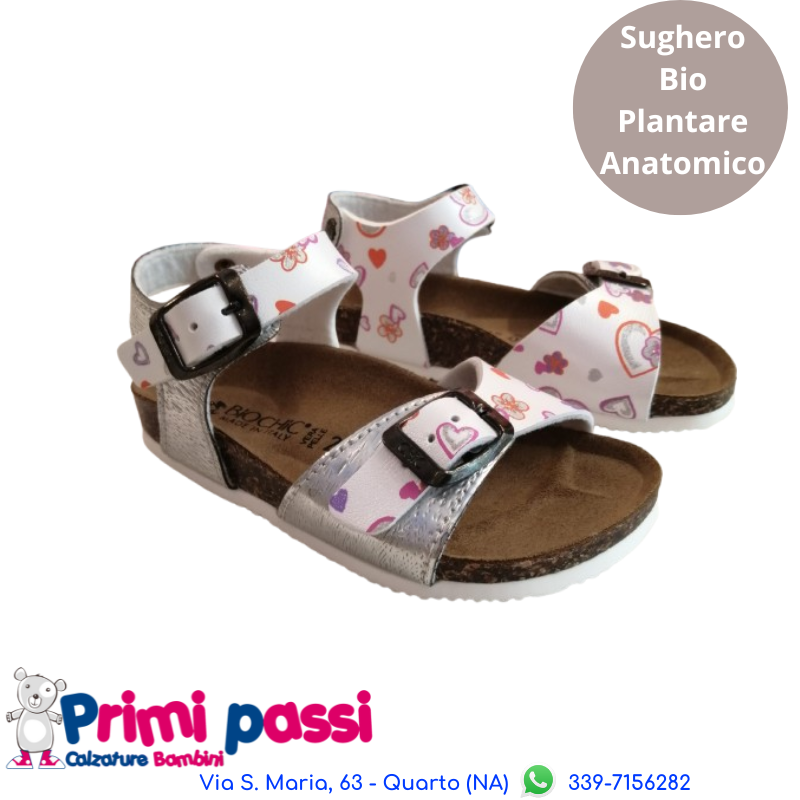 Sandalo Sughero Pelle Argento/ Fiori Cuori Multi