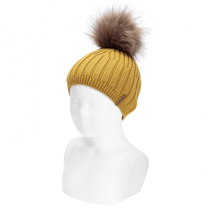 Cappello a costine e PomPom - Mostarda